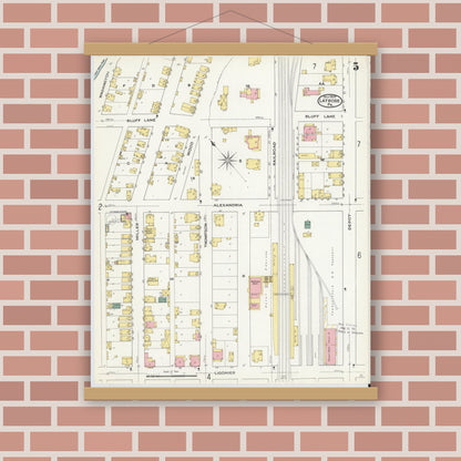 Old map wall art mockup — magnetic wood frame on brick wall — Sanborn Fire Insurance Map from Latrobe, Westmoreland County, Pennsylvania (1909), Sheet #0005