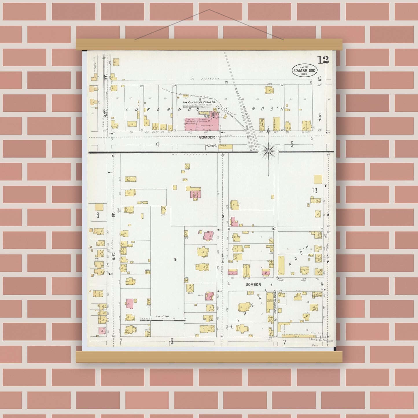 Old map wall art mockup — magnetic wood frame on brick wall — Sanborn Fire Insurance Map from Cambridge, Guernsey County, Ohio (1901), Sheet #0012