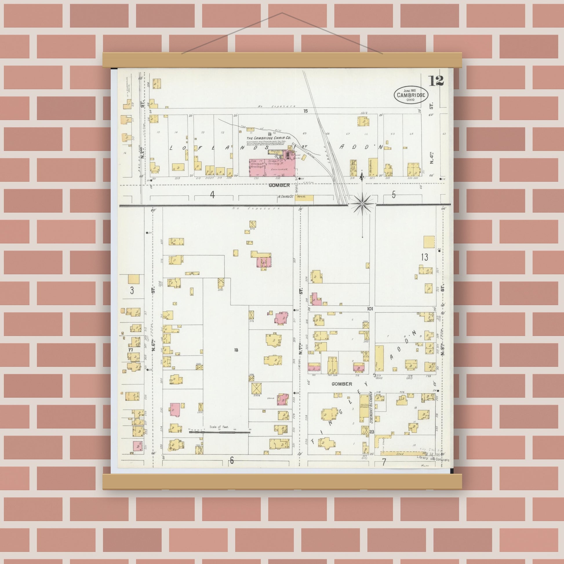 Old map wall art mockup — magnetic wood frame on brick wall — Sanborn Fire Insurance Map from Cambridge, Guernsey County, Ohio (1901), Sheet #0012