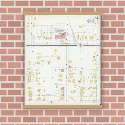 Old map wall art mockup — magnetic wood frame on brick wall — Sanborn Fire Insurance Map from Cambridge, Guernsey County, Ohio (1901), Sheet #0012