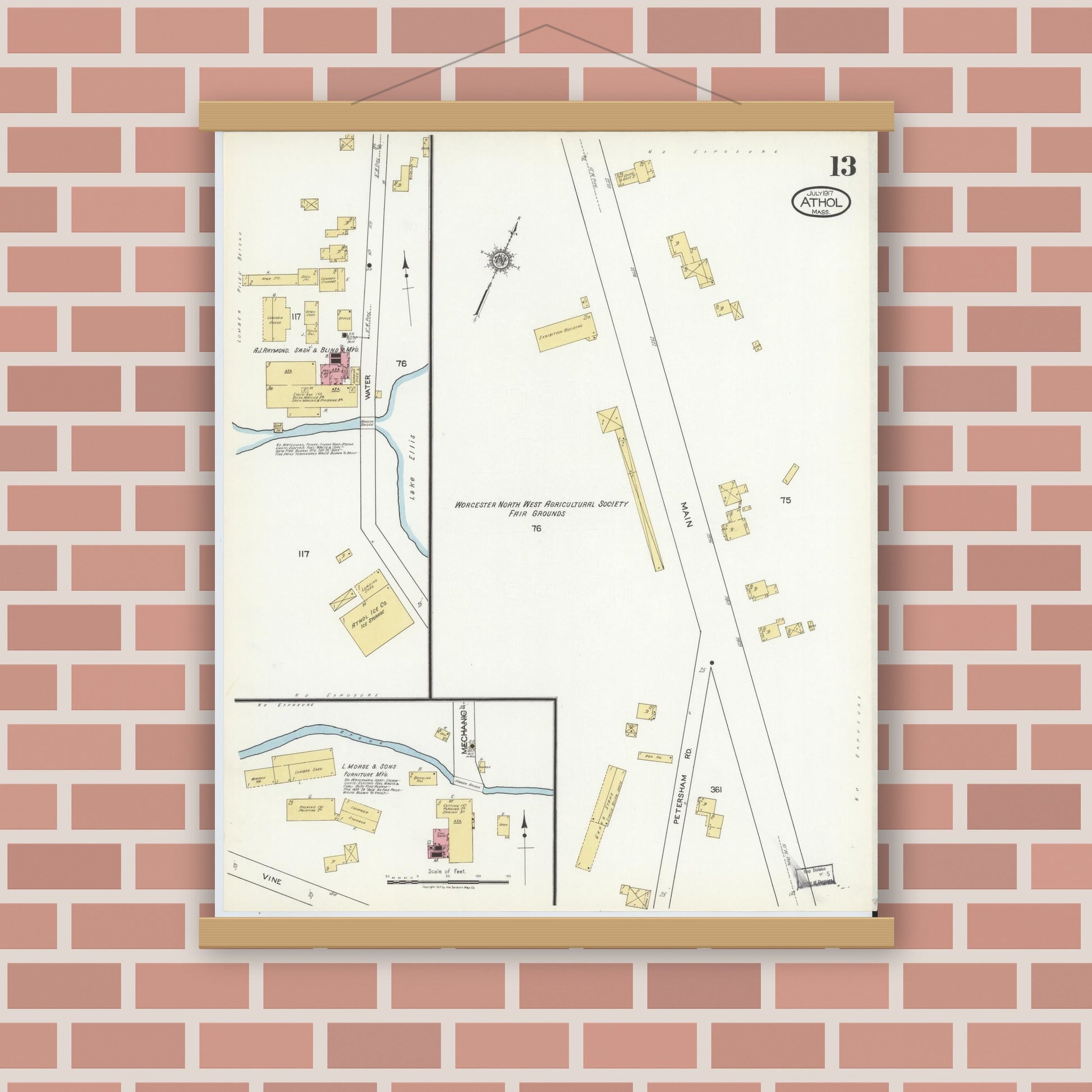 Old map wall art mockup — magnetic wood frame on brick wall — Sanborn Fire Insurance Map from Athol, Worcester County, Massachusetts (1917), Sheet #0013