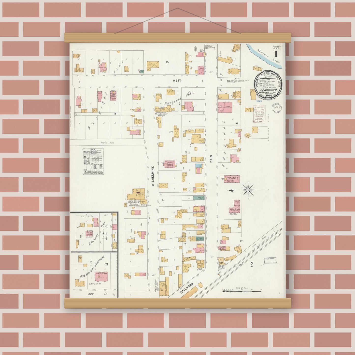 Old map wall art mockup — magnetic wood frame on brick wall — Sanborn Fire Insurance Map from Kewaskum, Washington County, Wisconsin (1900), Sheet #0001