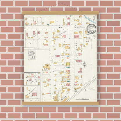 Old map wall art mockup — magnetic wood frame on brick wall — Sanborn Fire Insurance Map from Kewaskum, Washington County, Wisconsin (1900), Sheet #0001
