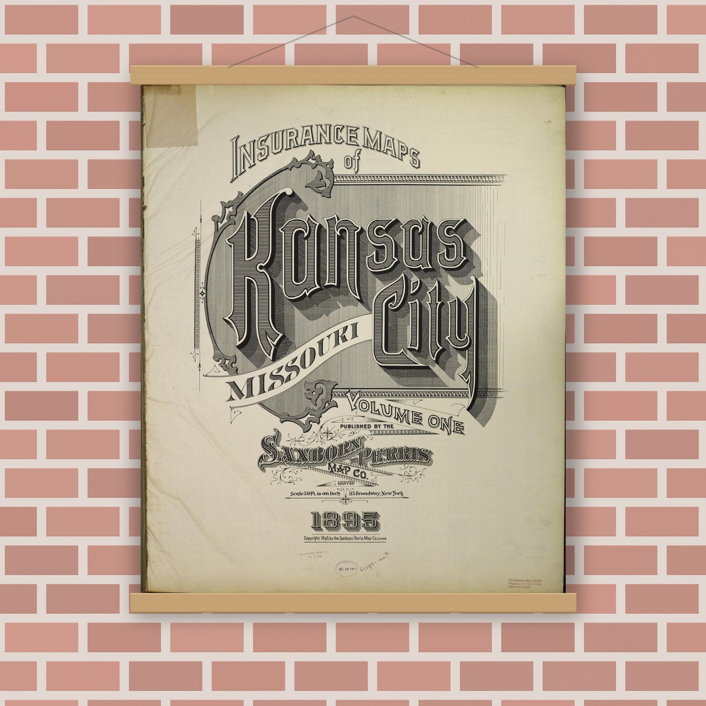 Old map wall art mockup — magnetic wood frame on brick wall — Sanborn Fire Insurance Map from Kansas City, Jackson, Clay, And Platte Counties, Missouri (1895), Sheet #0001