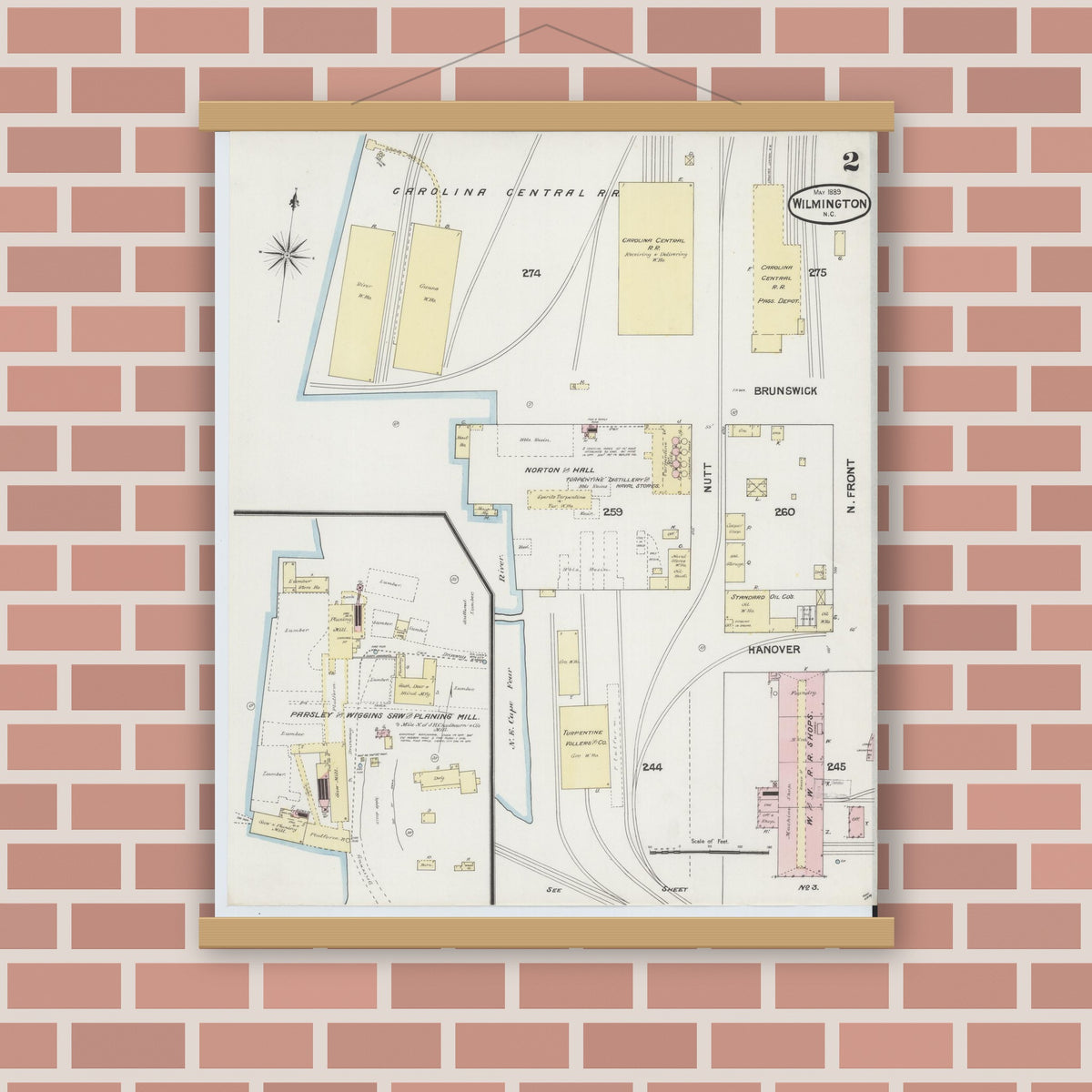 Old map wall art mockup — magnetic wood frame on brick wall — Sanborn Fire Insurance Map from Wilmington, New Hanover County, North Carolina (1889), Sheet #0002