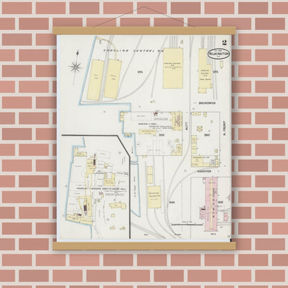 Old map wall art mockup — magnetic wood frame on brick wall — Sanborn Fire Insurance Map from Wilmington, New Hanover County, North Carolina (1889), Sheet #0002