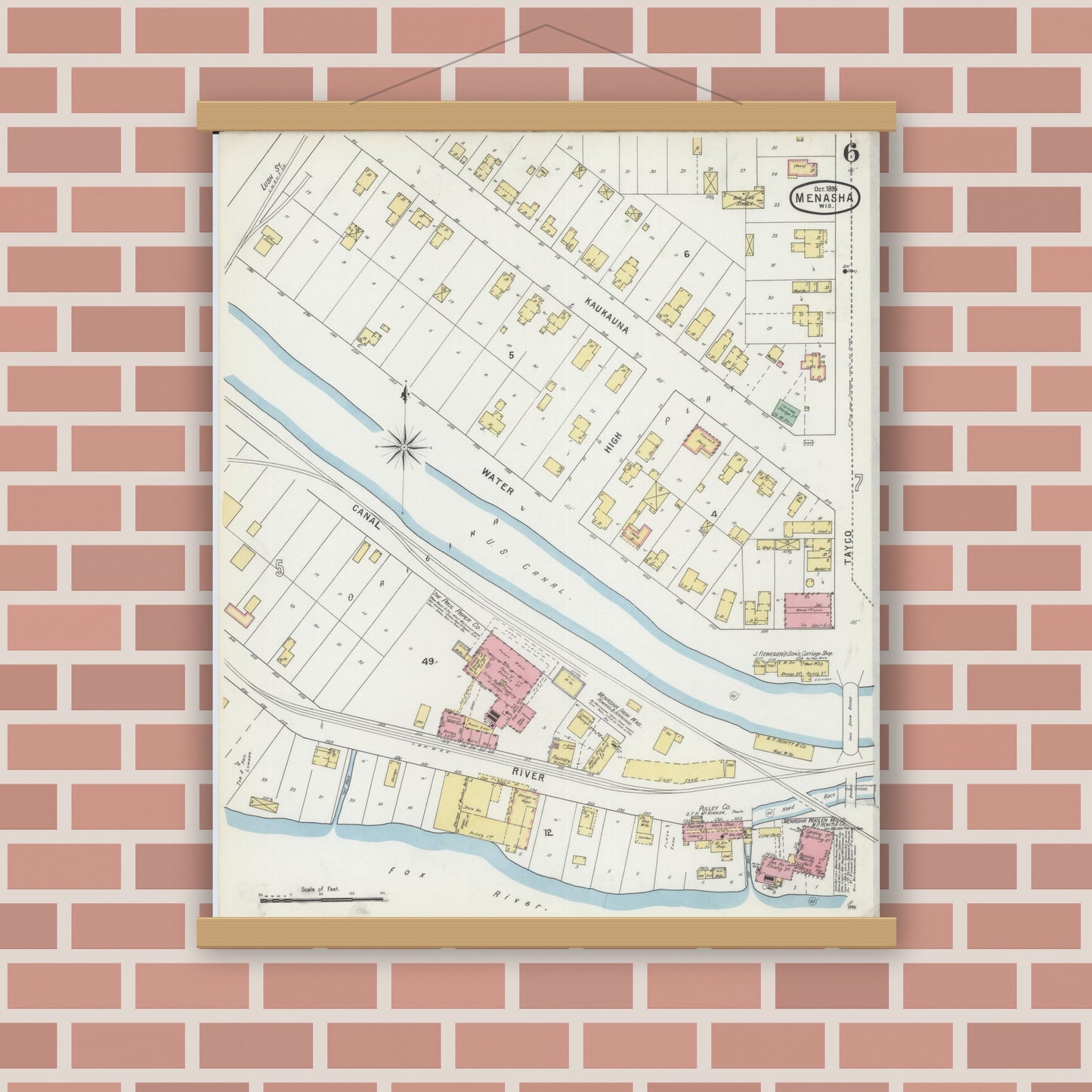 Old map wall art mockup — magnetic wood frame on brick wall — Sanborn Fire Insurance Map from Menasha, Winnebago County, Wisconsin (1895), Sheet #0006