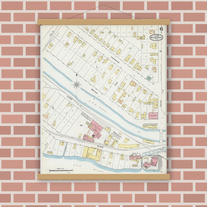 Old map wall art mockup — magnetic wood frame on brick wall — Sanborn Fire Insurance Map from Menasha, Winnebago County, Wisconsin (1895), Sheet #0006