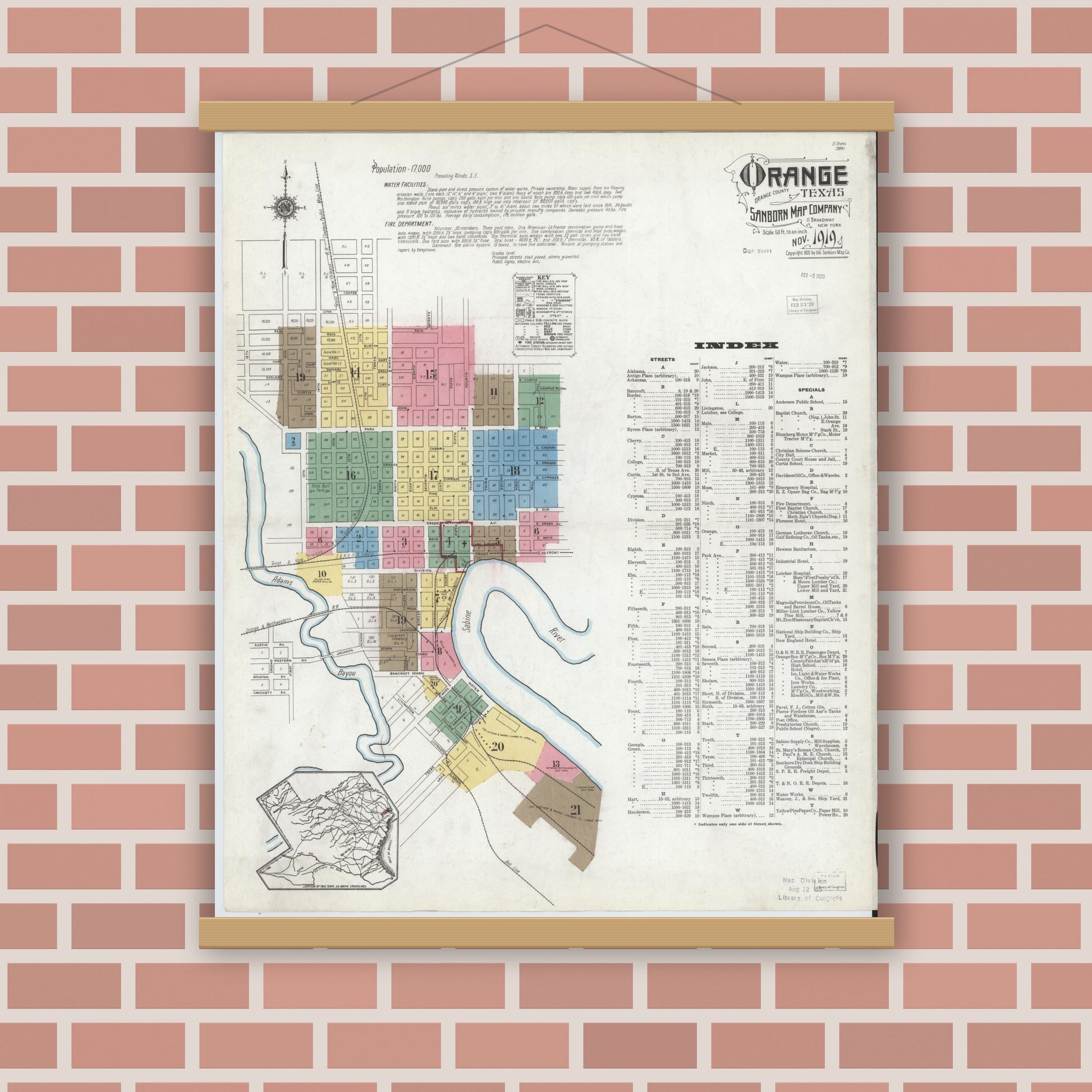 Old map wall art mockup — magnetic wood frame on brick wall — Sanborn Fire Insurance Map from Orange, Orange County, Texas (1919), Sheet #0001
