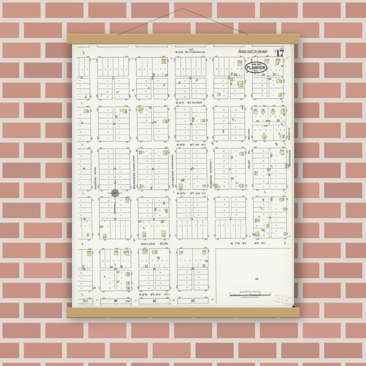 Old map wall art mockup — magnetic wood frame on brick wall — Sanborn Fire Insurance Map from Plainview, Hale County, Texas (1921), Sheet #0017