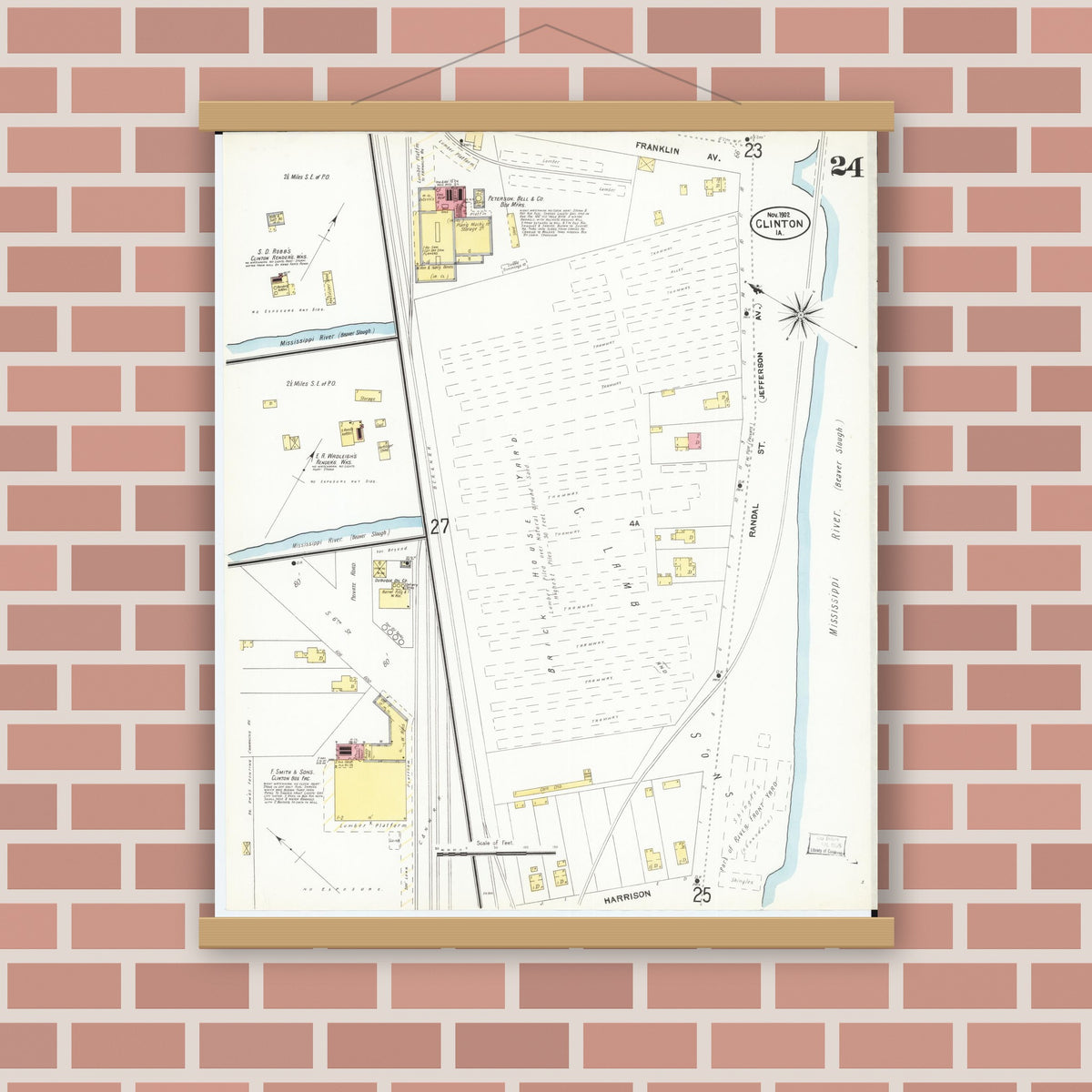 Old map wall art mockup — magnetic wood frame on brick wall — Sanborn Fire Insurance Map from Clinton, Clinton County, Iowa (1902), Sheet #0024