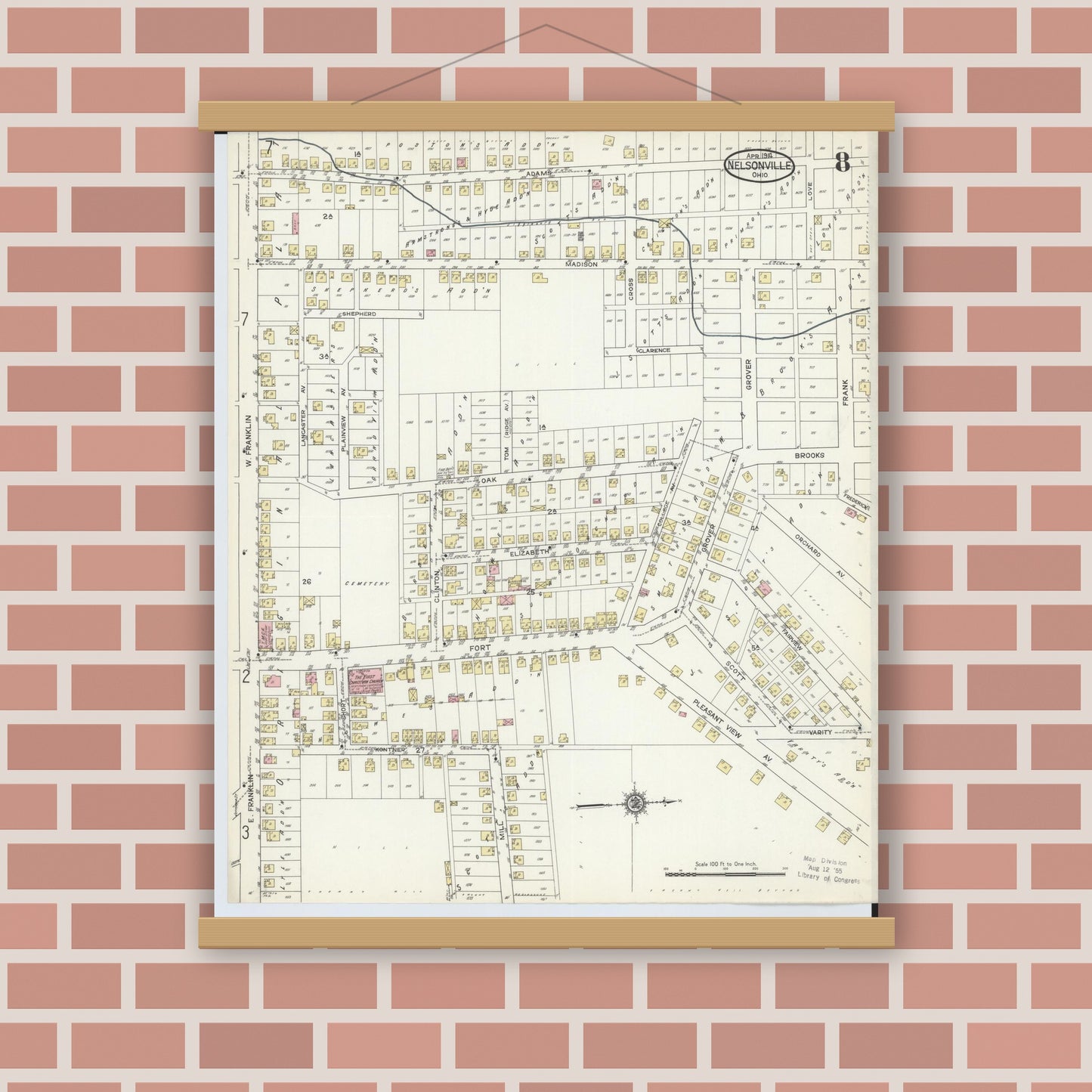 Old map wall art mockup — magnetic wood frame on brick wall — Sanborn Fire Insurance Map from Nelsonville, Athens County, Ohio (1914), Sheet #0008