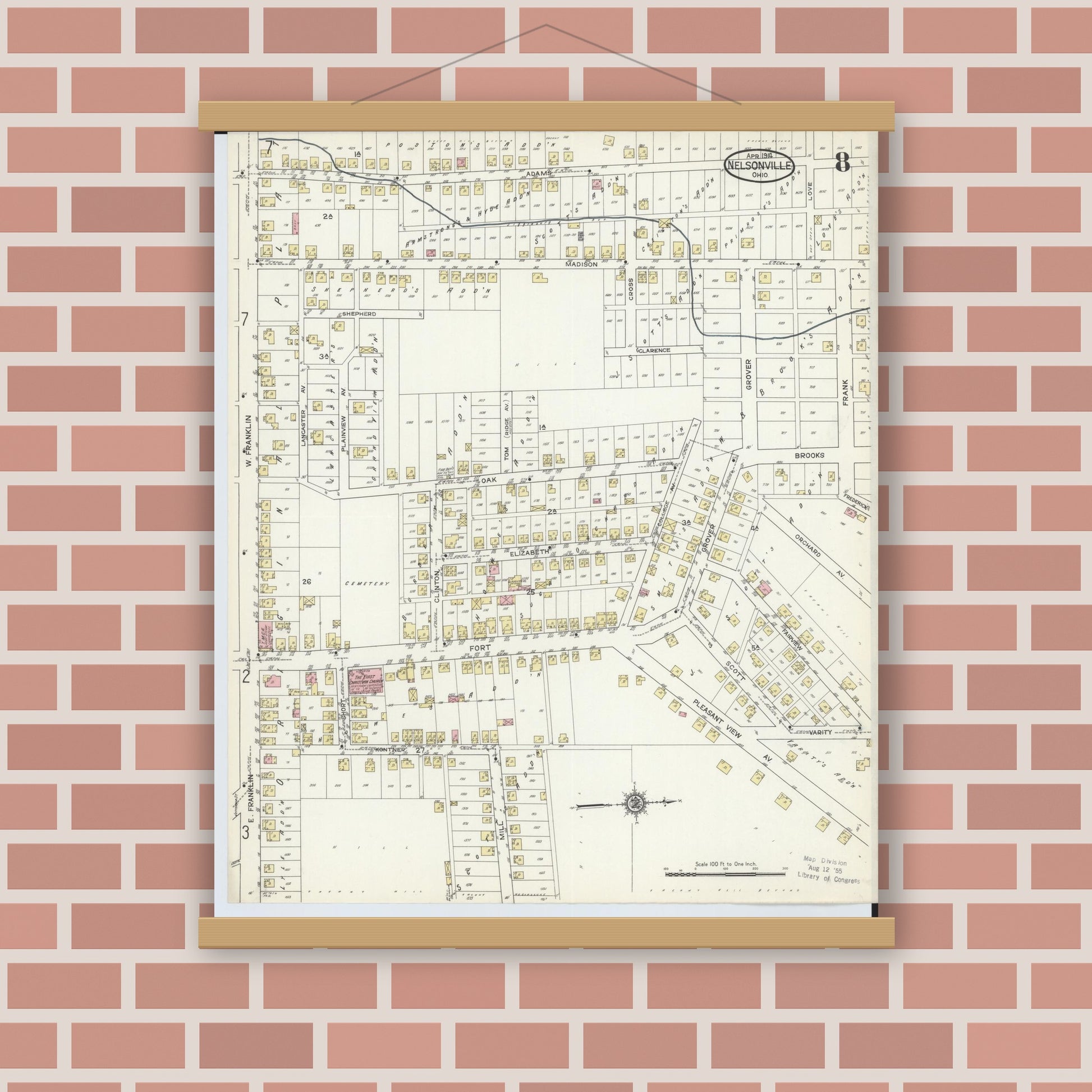Old map wall art mockup — magnetic wood frame on brick wall — Sanborn Fire Insurance Map from Nelsonville, Athens County, Ohio (1914), Sheet #0008