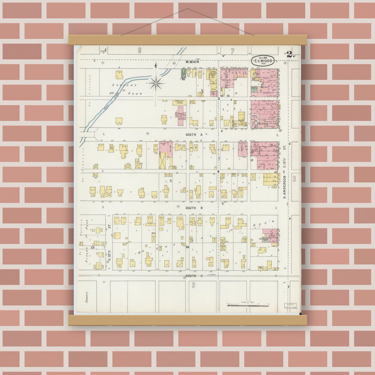Old map wall art mockup — magnetic wood frame on brick wall — Sanborn Fire Insurance Map from Elwood, Madison County, Indiana (1895), Sheet #0002