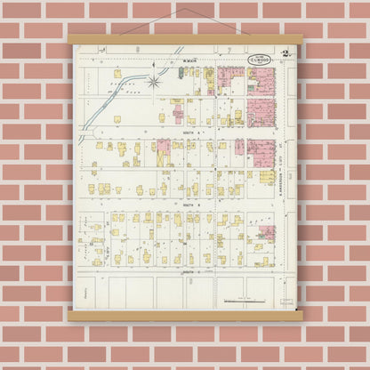 Old map wall art mockup — magnetic wood frame on brick wall — Sanborn Fire Insurance Map from Elwood, Madison County, Indiana (1895), Sheet #0002