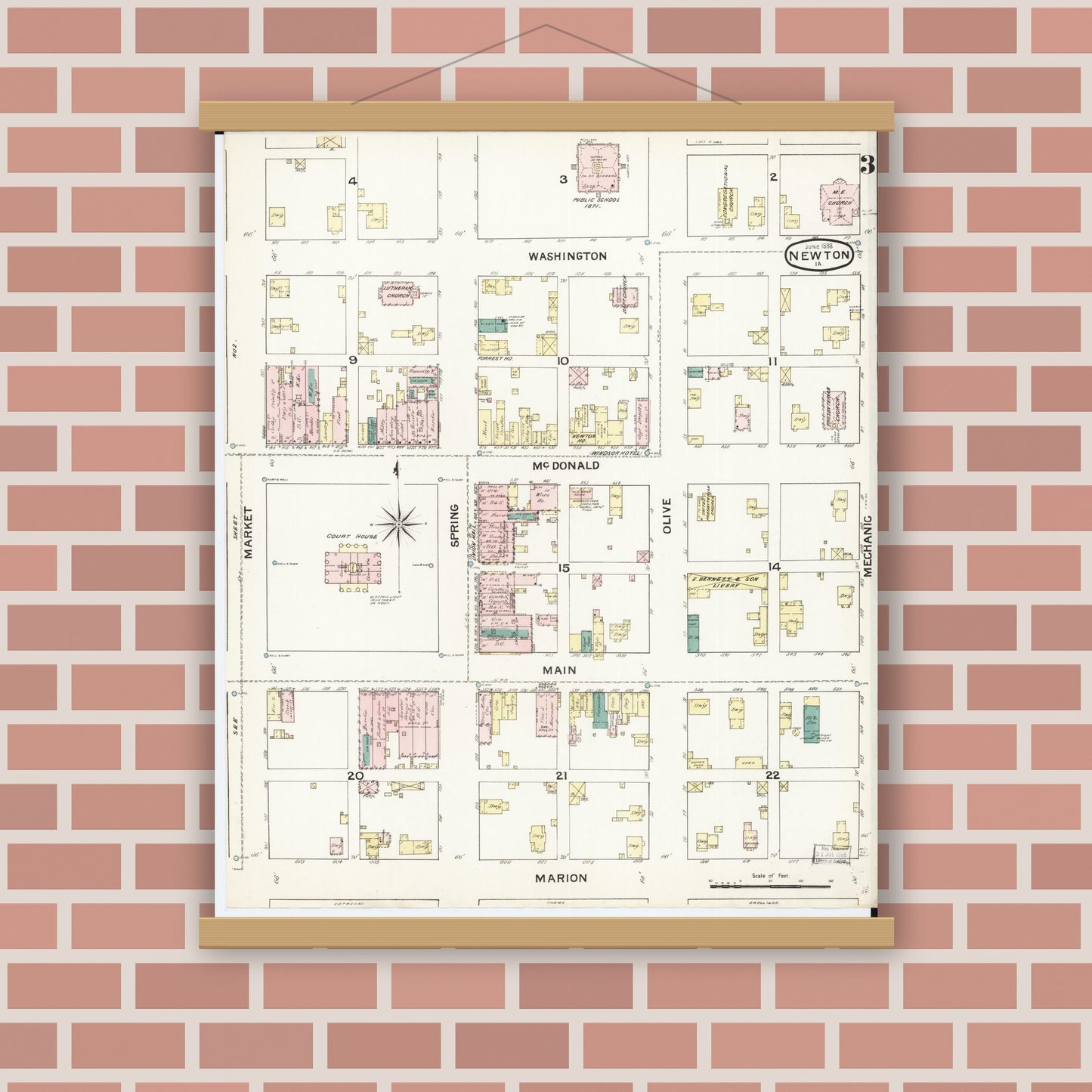 Old map wall art mockup — magnetic wood frame on brick wall — Sanborn Fire Insurance Map from Newton, Jasper County, Iowa (1888), Sheet #0003