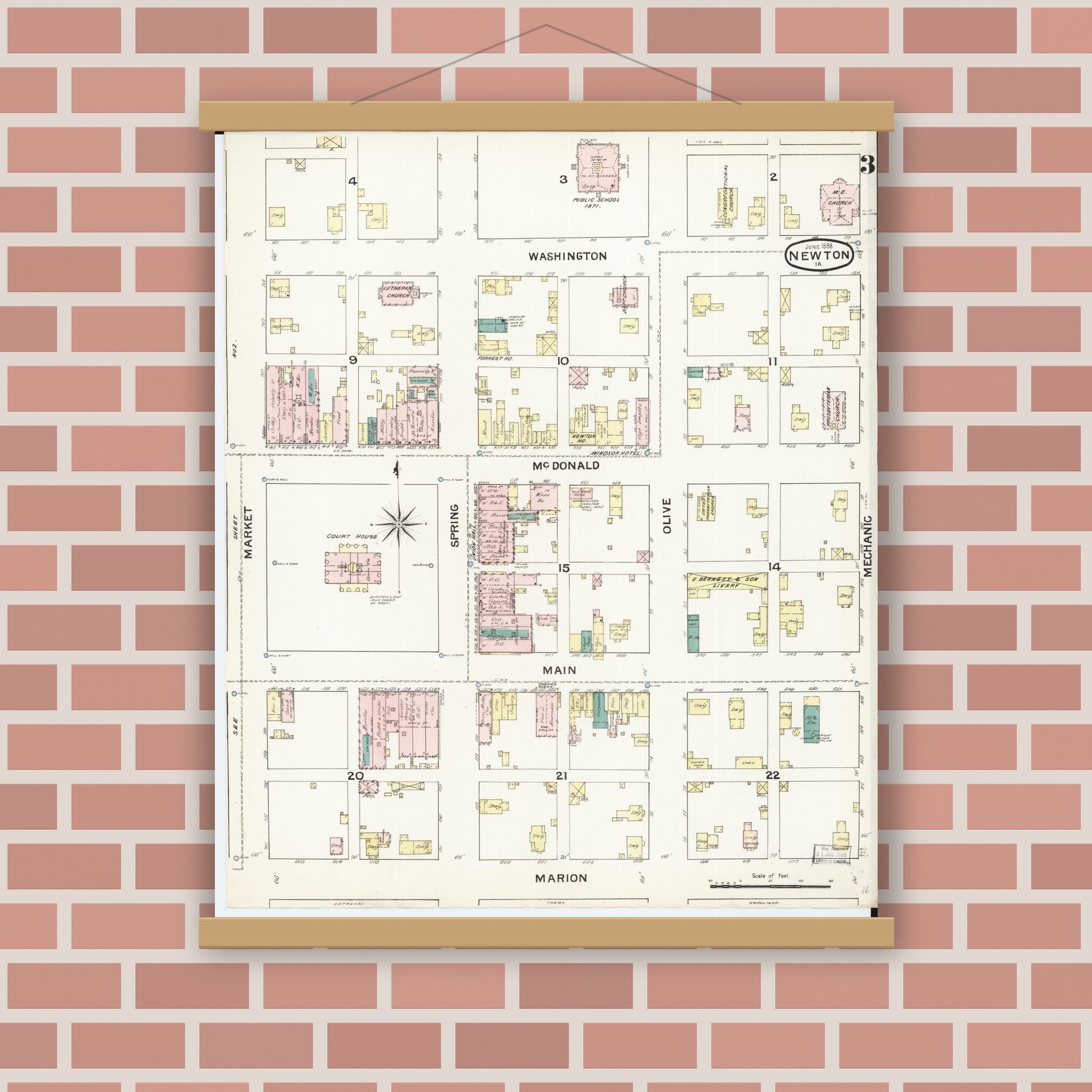 Old map wall art mockup — magnetic wood frame on brick wall — Sanborn Fire Insurance Map from Newton, Jasper County, Iowa (1888), Sheet #0003