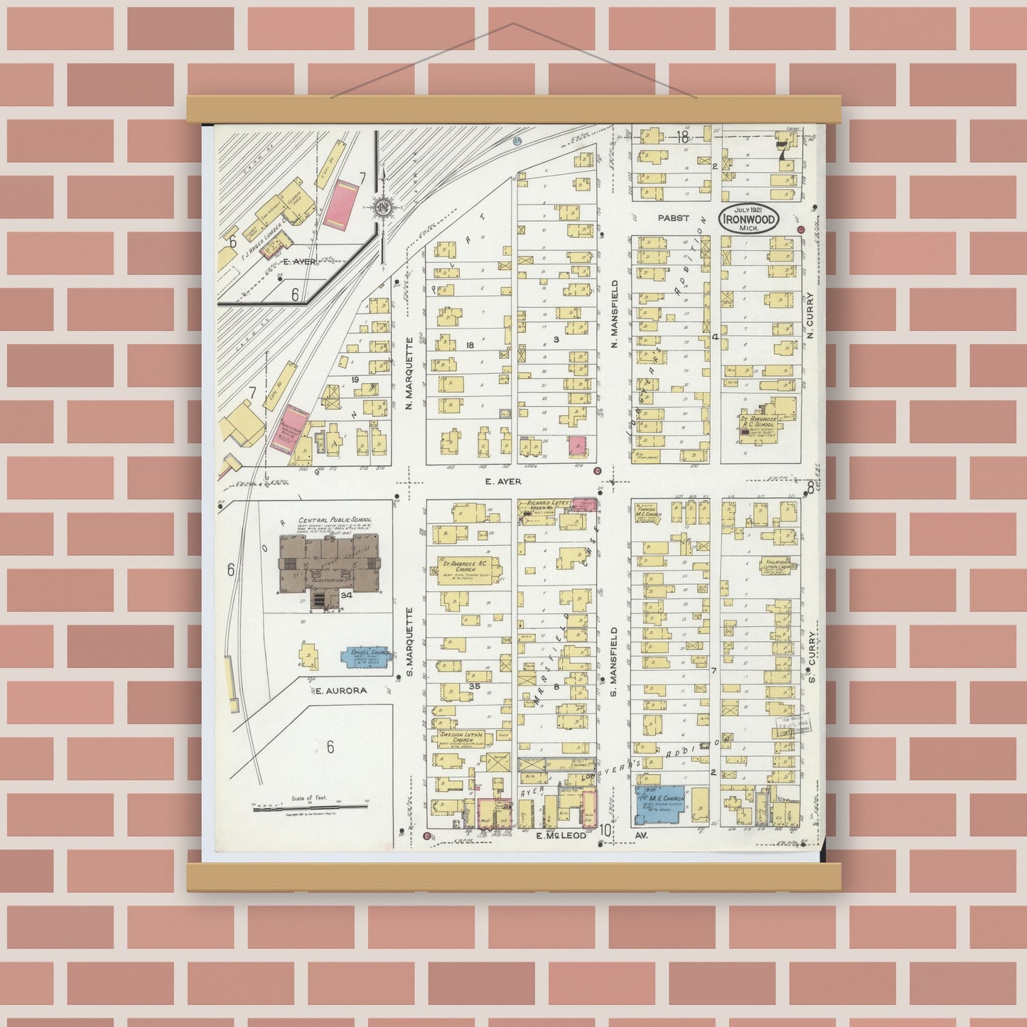 Old map wall art mockup — magnetic wood frame on brick wall — Sanborn Fire Insurance Map from Ironwood, Gogebic County, Michigan (1921), Sheet #0007