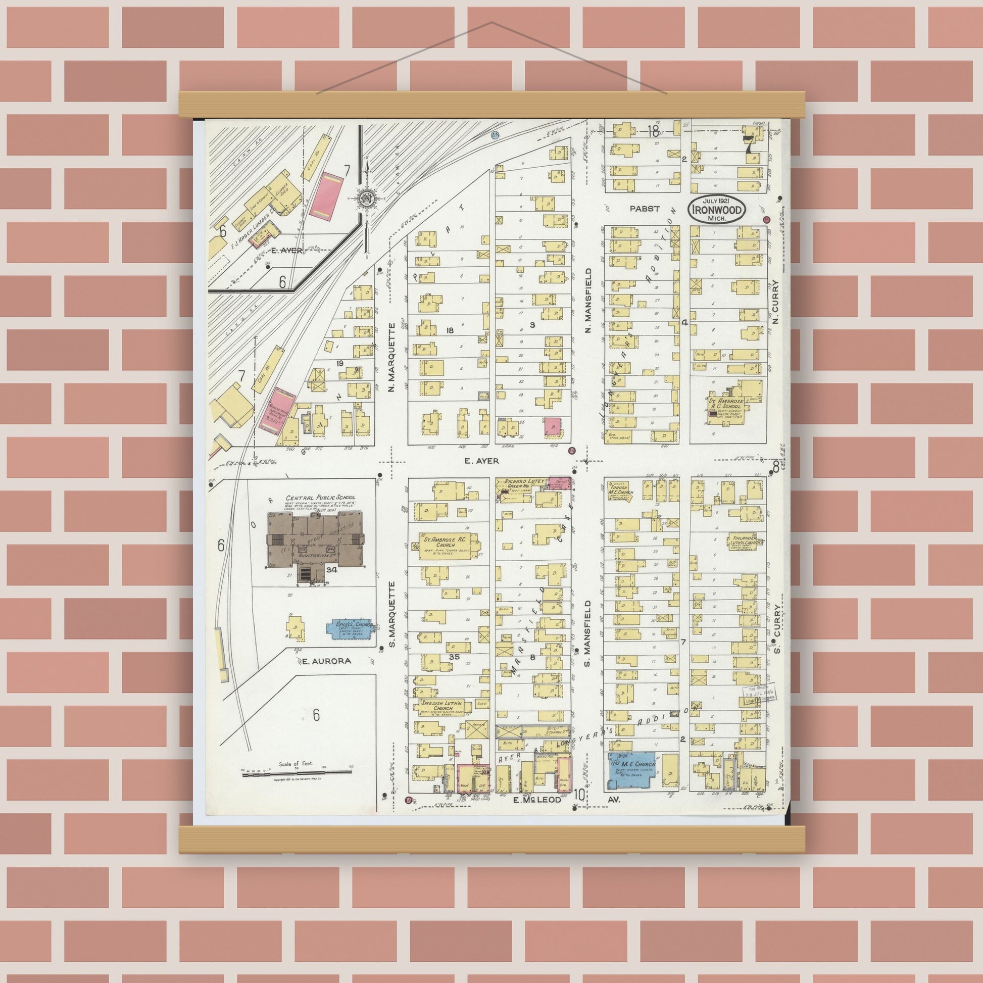 Old map wall art mockup — magnetic wood frame on brick wall — Sanborn Fire Insurance Map from Ironwood, Gogebic County, Michigan (1921), Sheet #0007