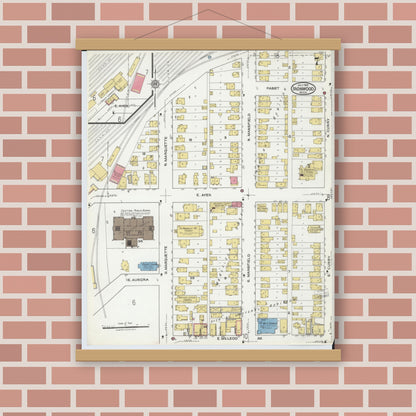 Old map wall art mockup — magnetic wood frame on brick wall — Sanborn Fire Insurance Map from Ironwood, Gogebic County, Michigan (1921), Sheet #0007