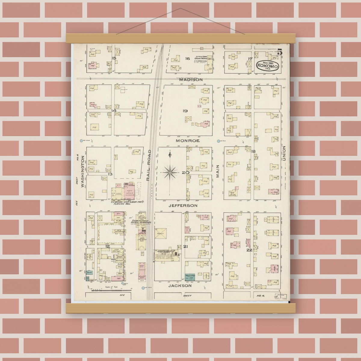 Old map wall art mockup — magnetic wood frame on brick wall — Sanborn Fire Insurance Map from Kokomo, Howard County, Indiana (1885), Sheet #0005