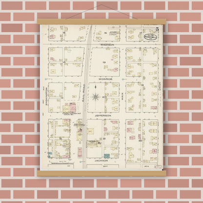 Old map wall art mockup — magnetic wood frame on brick wall — Sanborn Fire Insurance Map from Kokomo, Howard County, Indiana (1885), Sheet #0005