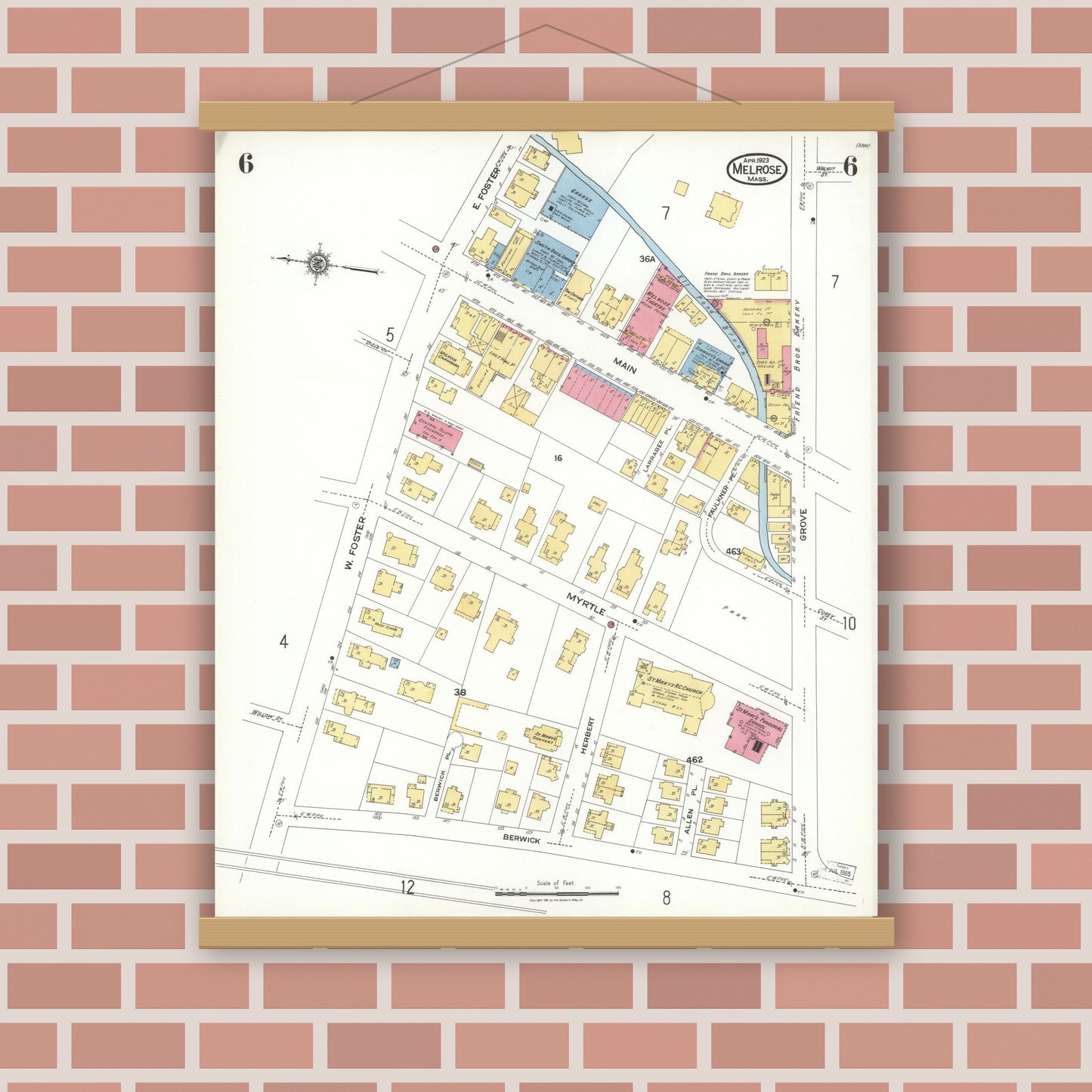 Old map wall art mockup — magnetic wood frame on brick wall — Sanborn Fire Insurance Map from Melrose, Middlesex County, Massachusetts (1923), Sheet #0006