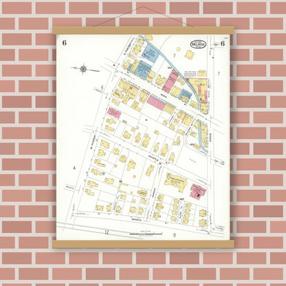 Old map wall art mockup — magnetic wood frame on brick wall — Sanborn Fire Insurance Map from Melrose, Middlesex County, Massachusetts (1923), Sheet #0006