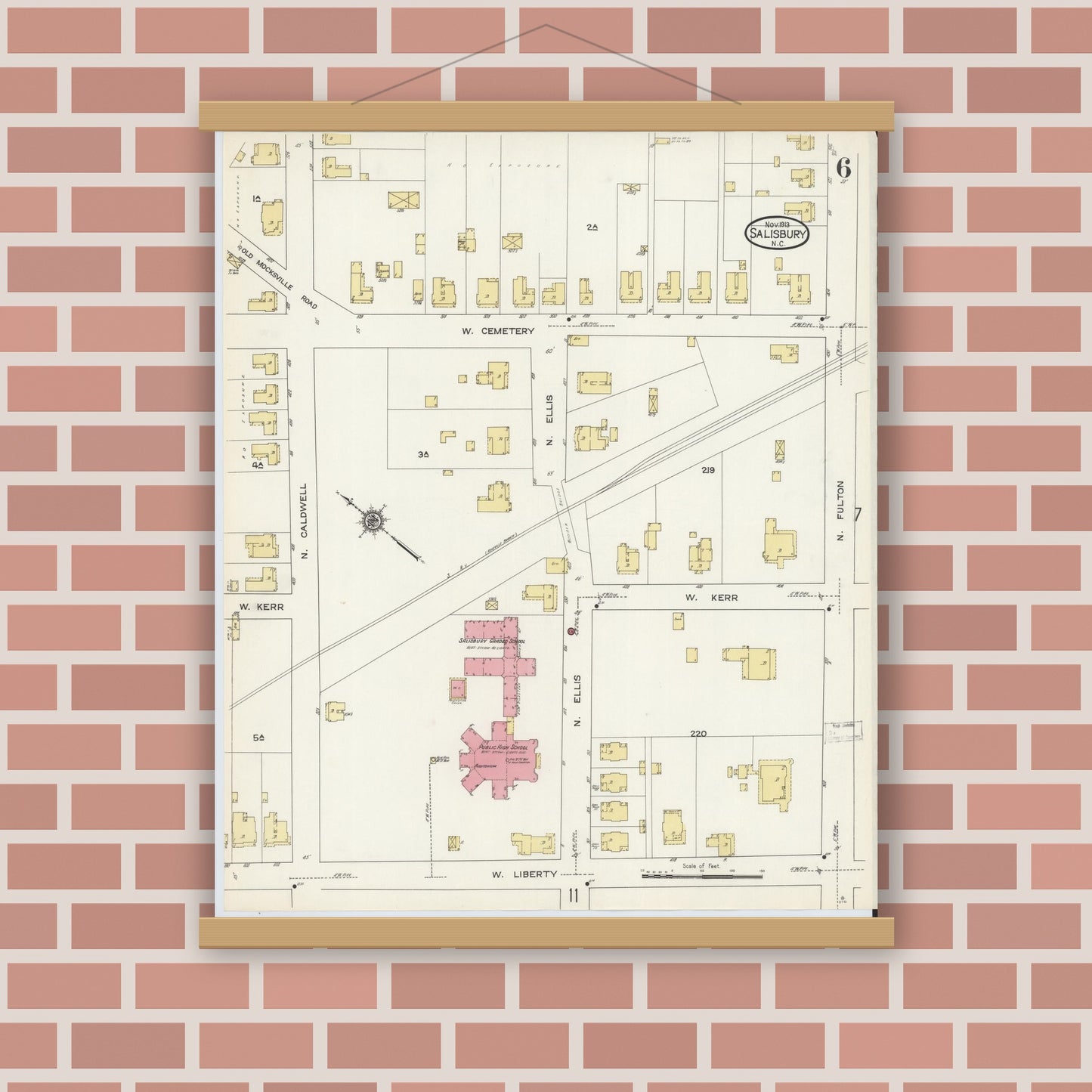 Old map wall art mockup — magnetic wood frame on brick wall — Sanborn Fire Insurance Map from Salisbury, Rowan County, North Carolina (1913), Sheet #0006