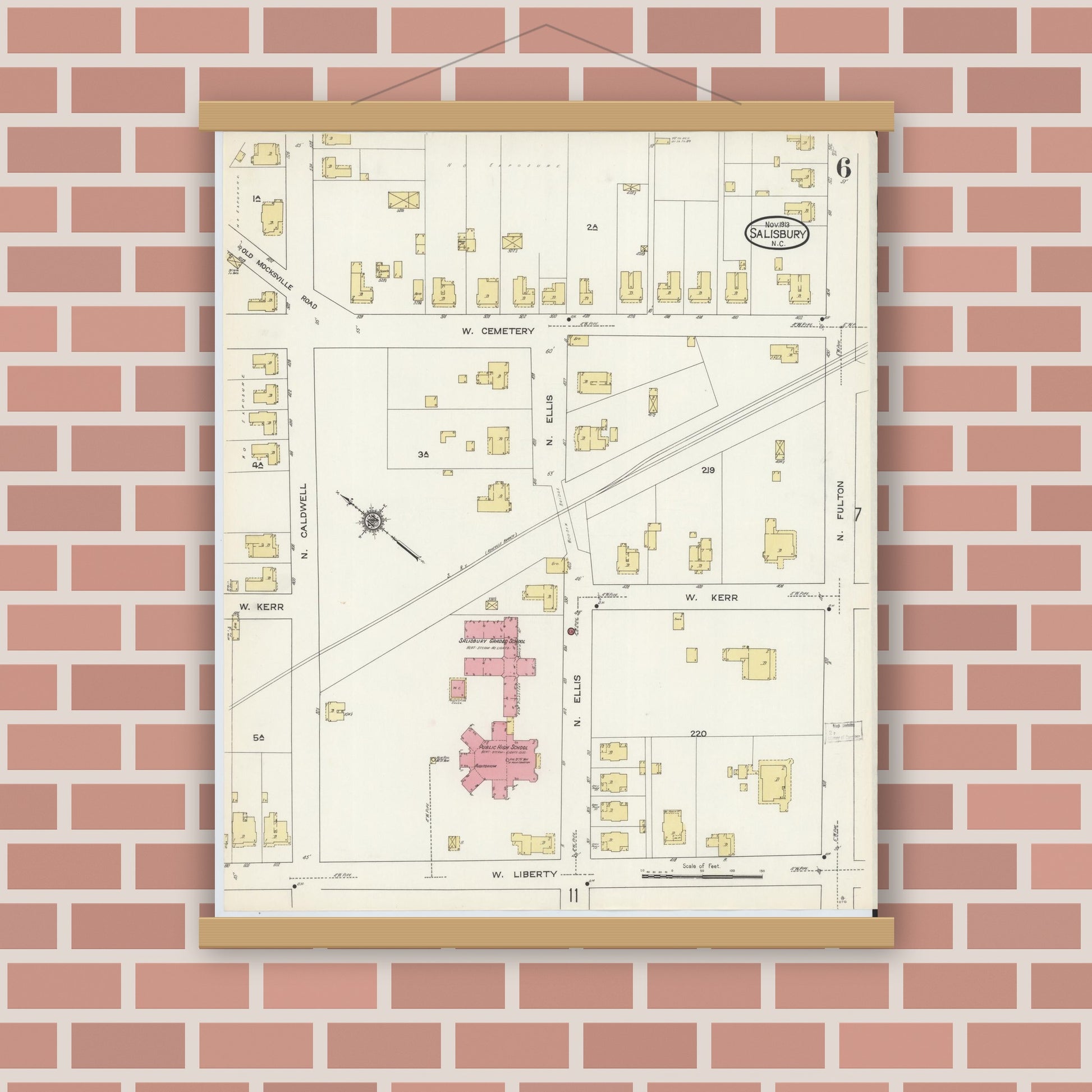 Old map wall art mockup — magnetic wood frame on brick wall — Sanborn Fire Insurance Map from Salisbury, Rowan County, North Carolina (1913), Sheet #0006