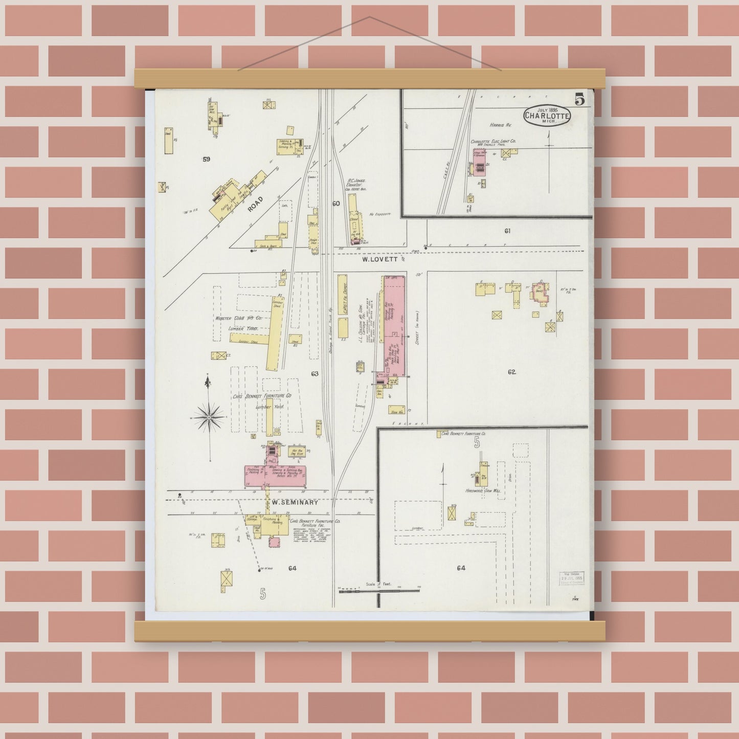 Old map wall art mockup — magnetic wood frame on brick wall — Sanborn Fire Insurance Map from Charlotte, Eaton County, Michigan (1895), Sheet #0005