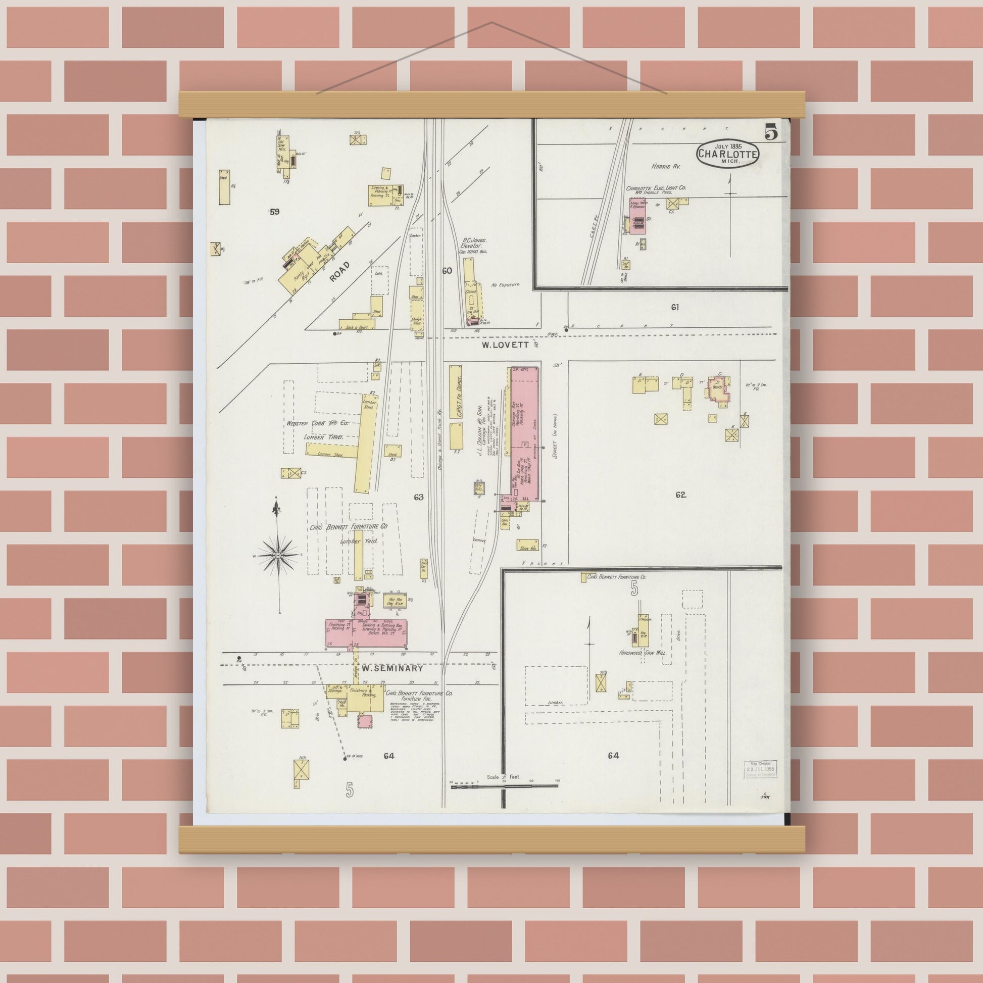 Old map wall art mockup — magnetic wood frame on brick wall — Sanborn Fire Insurance Map from Charlotte, Eaton County, Michigan (1895), Sheet #0005