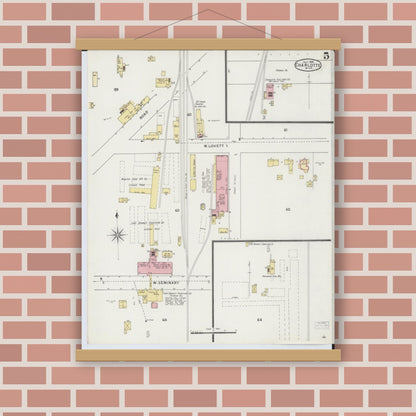 Old map wall art mockup — magnetic wood frame on brick wall — Sanborn Fire Insurance Map from Charlotte, Eaton County, Michigan (1895), Sheet #0005