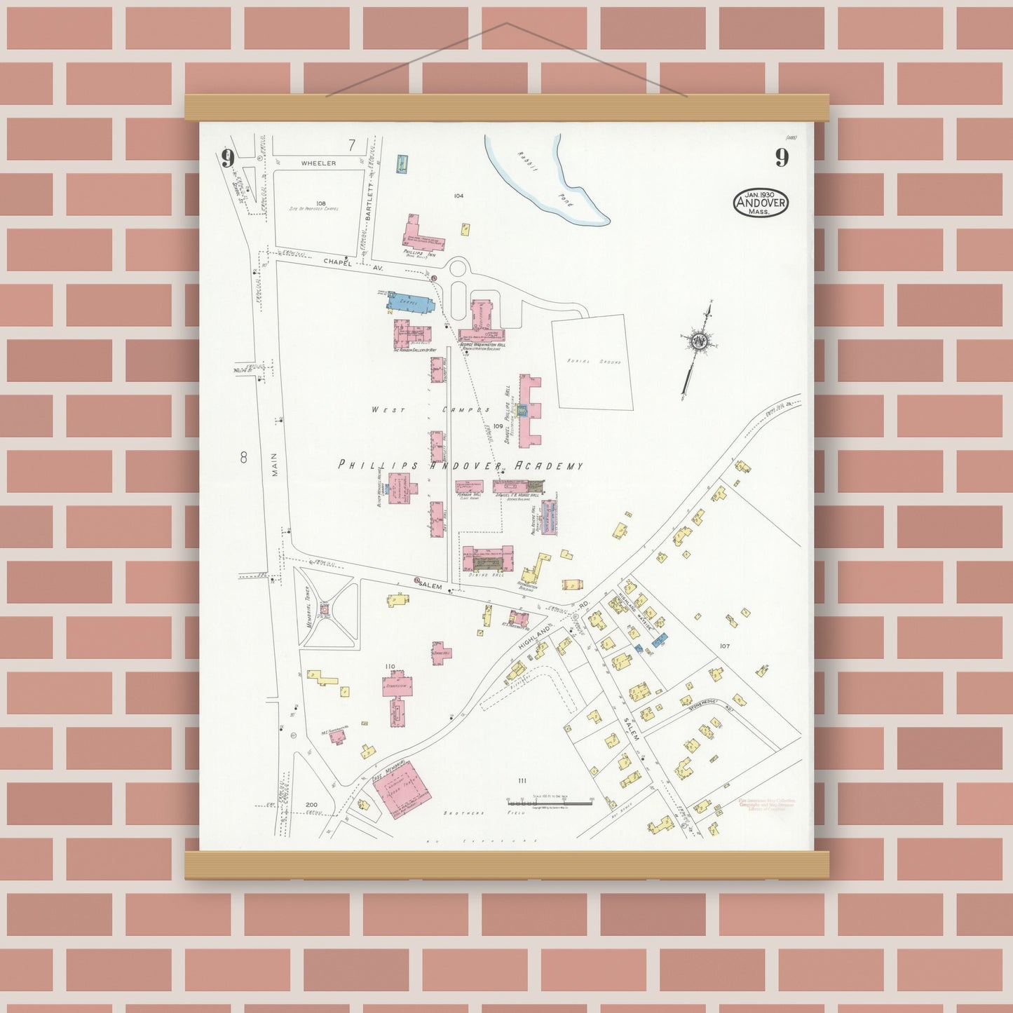 Old map wall art mockup — magnetic wood frame on brick wall — Sanborn Fire Insurance Map from Andover, Essex County, Massachusetts (1930), Sheet #0009