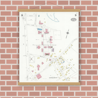 Old map wall art mockup — magnetic wood frame on brick wall — Sanborn Fire Insurance Map from Andover, Essex County, Massachusetts (1930), Sheet #0009