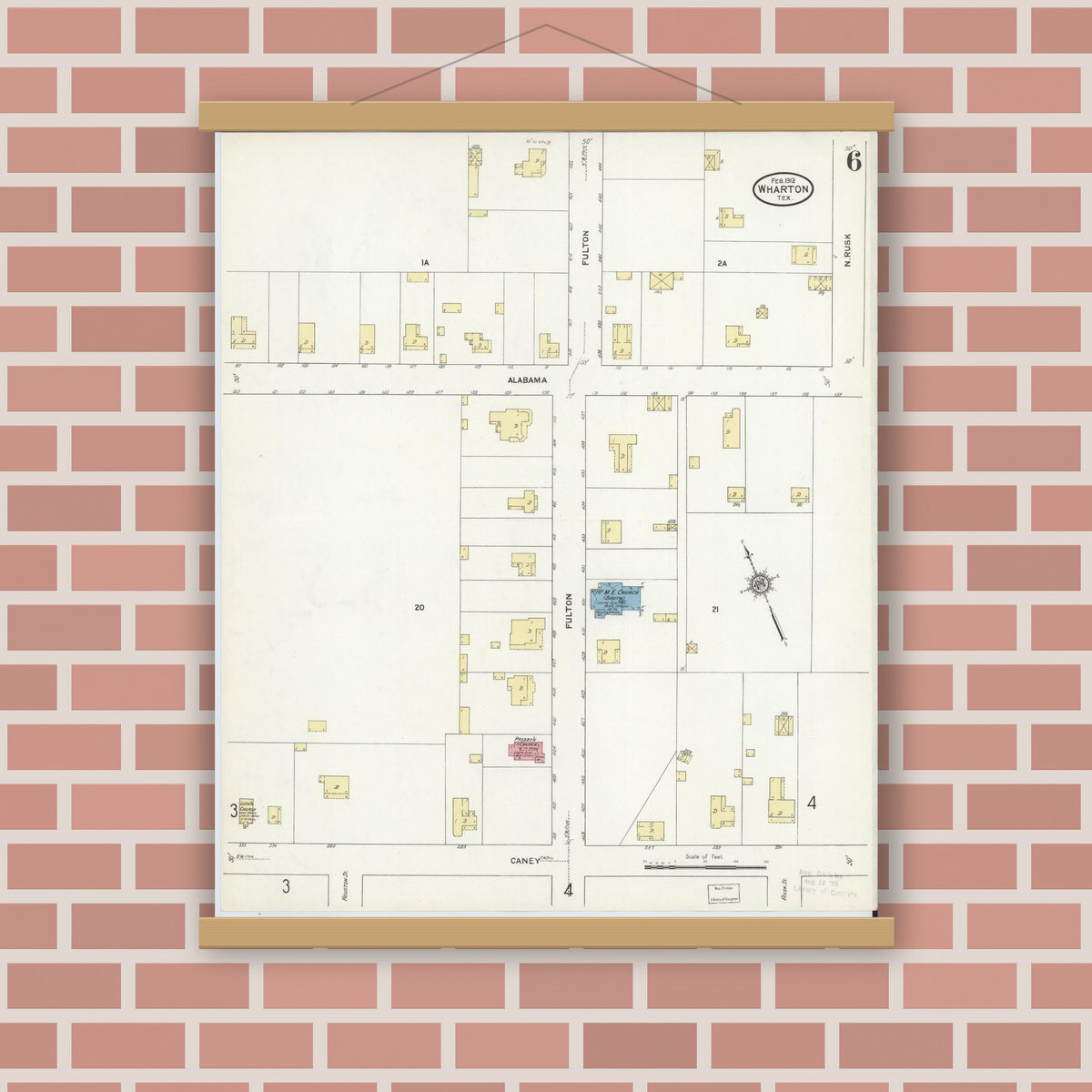 Old map wall art mockup — magnetic wood frame on brick wall — Sanborn Fire Insurance Map from Wharton, Wharton County, Texas (1912), Sheet #0007