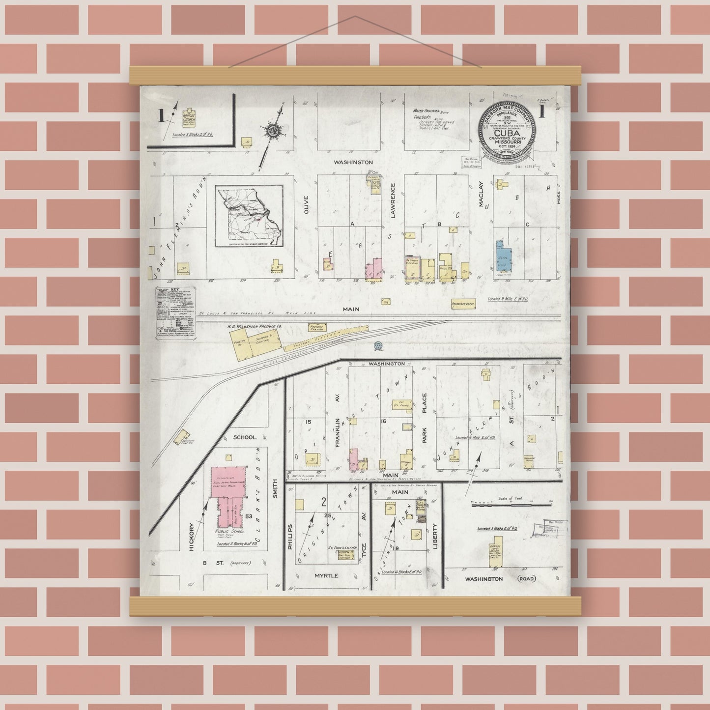 Old map wall art mockup — magnetic wood frame on brick wall — Sanborn Fire Insurance Map from Cuba, Crawford County, Missouri (1924) - Complete Map Set