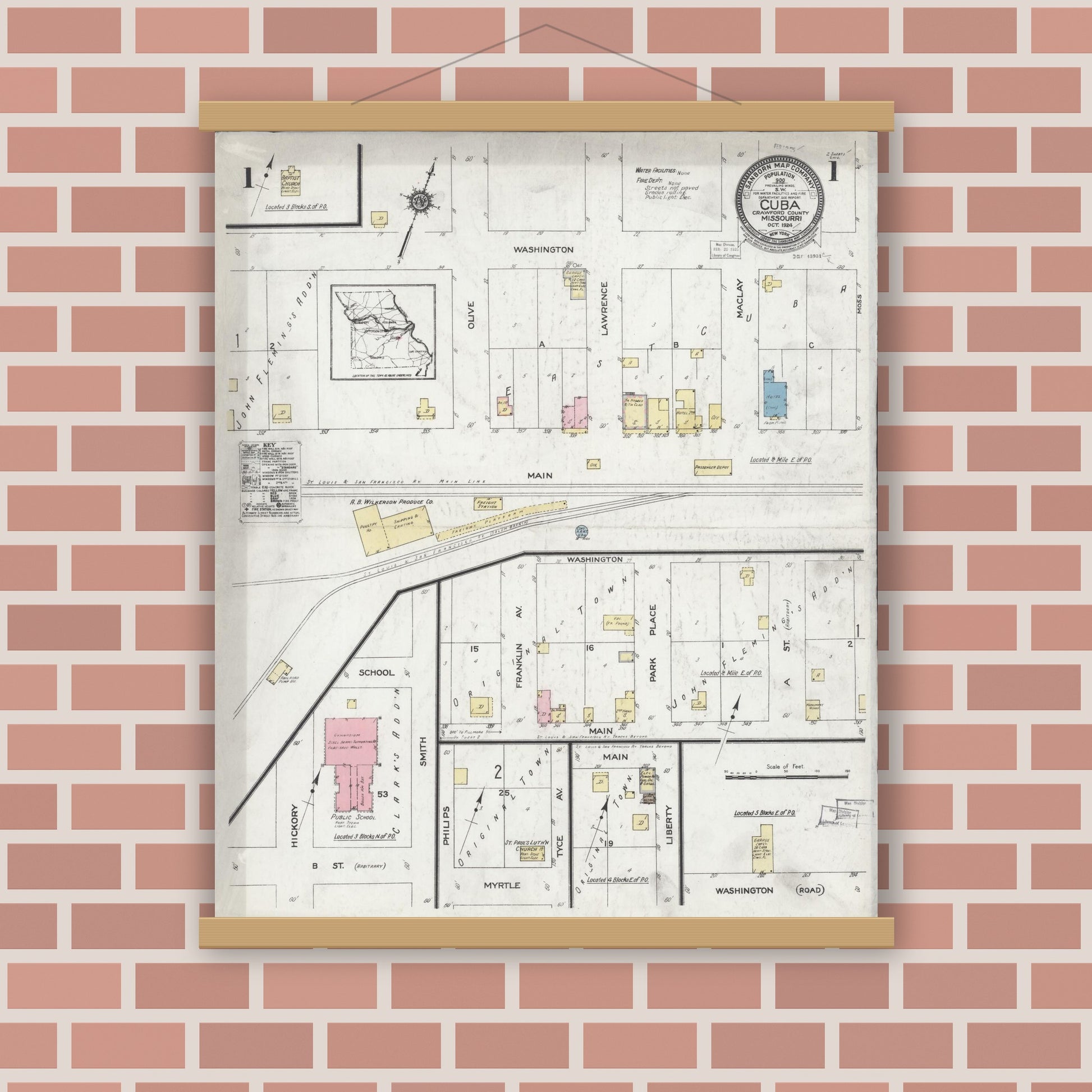 Old map wall art mockup — magnetic wood frame on brick wall — Sanborn Fire Insurance Map from Cuba, Crawford County, Missouri (1924) - Complete Map Set