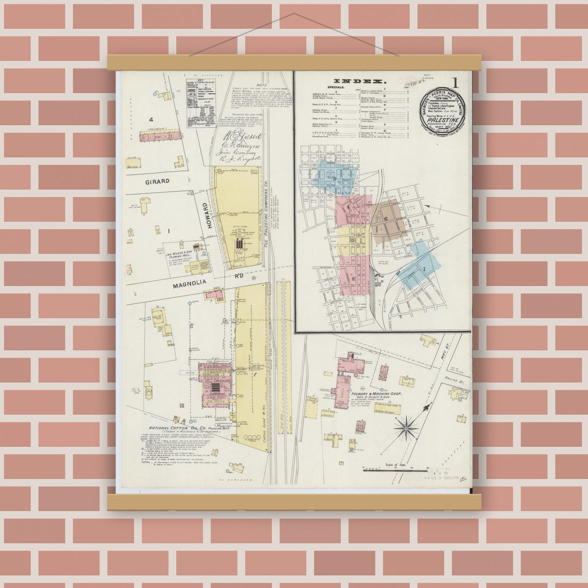 Old map wall art mockup — magnetic wood frame on brick wall — Sanborn Fire Insurance Map from Palestine, Anderson County, Texas (1891) - Complete Map Set
