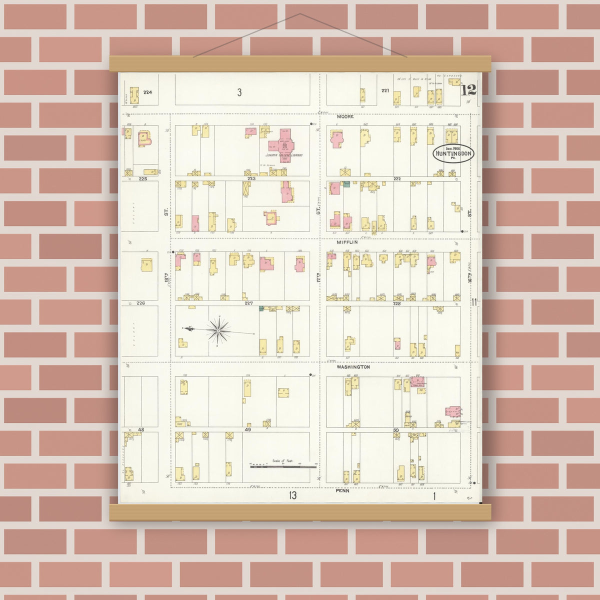 Old map wall art mockup — magnetic wood frame on brick wall — Sanborn Fire Insurance Map from Huntingdon, Huntingdon County, Pennsylvania (1906), Sheet #0012