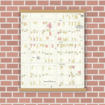 Old map wall art mockup — magnetic wood frame on brick wall — Sanborn Fire Insurance Map from Huntingdon, Huntingdon County, Pennsylvania (1906), Sheet #0012