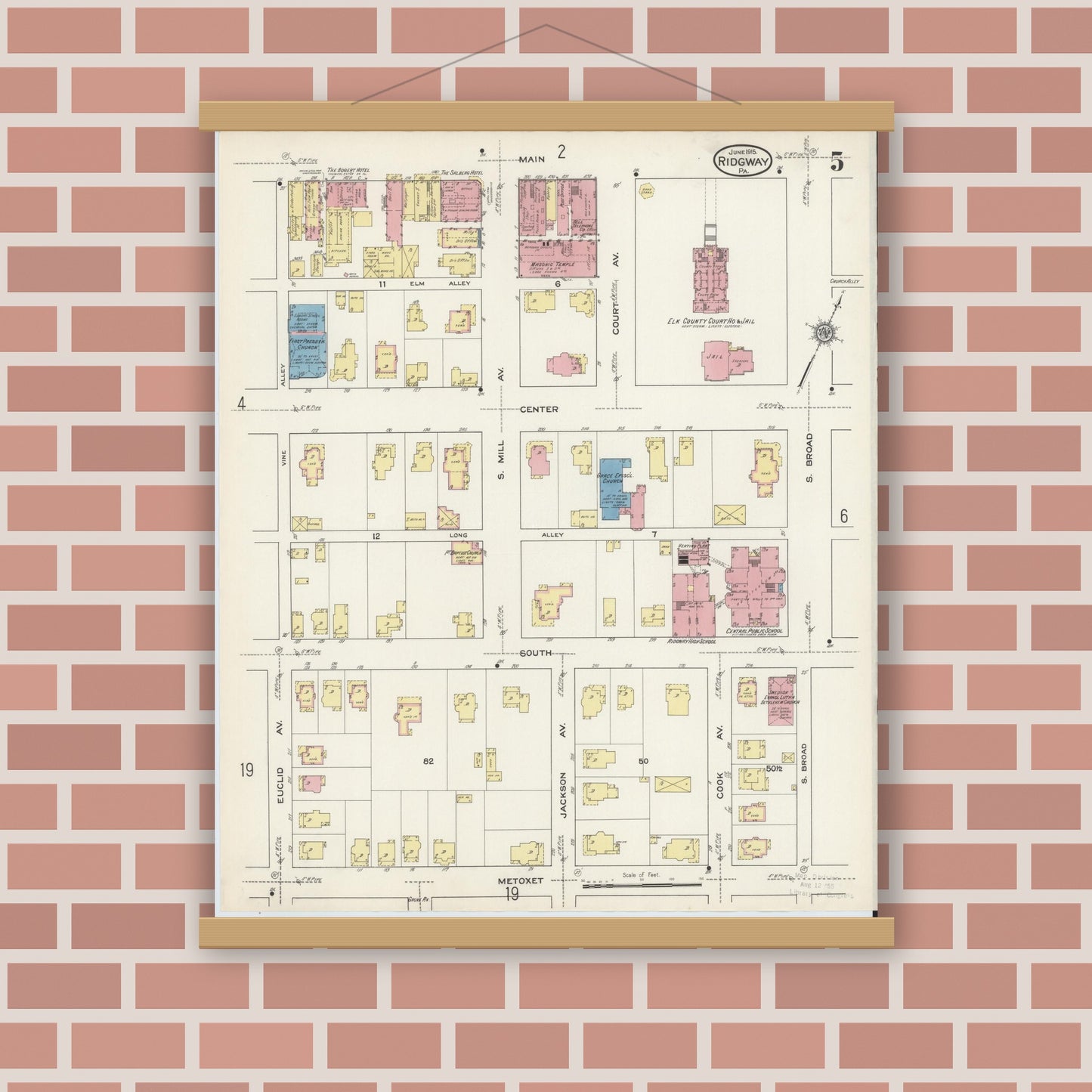 Old map wall art mockup — magnetic wood frame on brick wall — Sanborn Fire Insurance Map from Ridgway, Elk County, Pennsylvania (1915), Sheet #0005