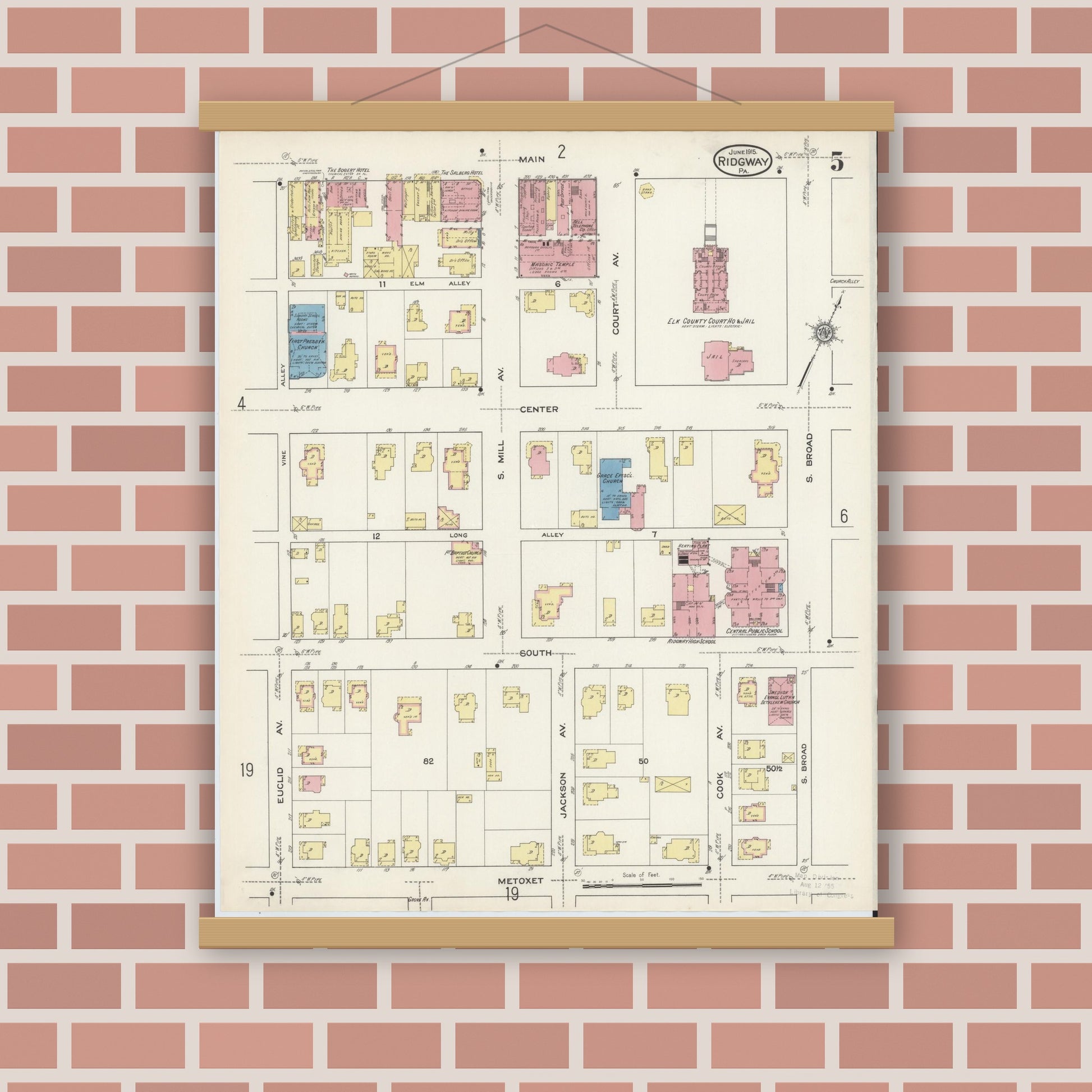 Old map wall art mockup — magnetic wood frame on brick wall — Sanborn Fire Insurance Map from Ridgway, Elk County, Pennsylvania (1915), Sheet #0005