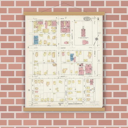 Old map wall art mockup — magnetic wood frame on brick wall — Sanborn Fire Insurance Map from Ridgway, Elk County, Pennsylvania (1915), Sheet #0005