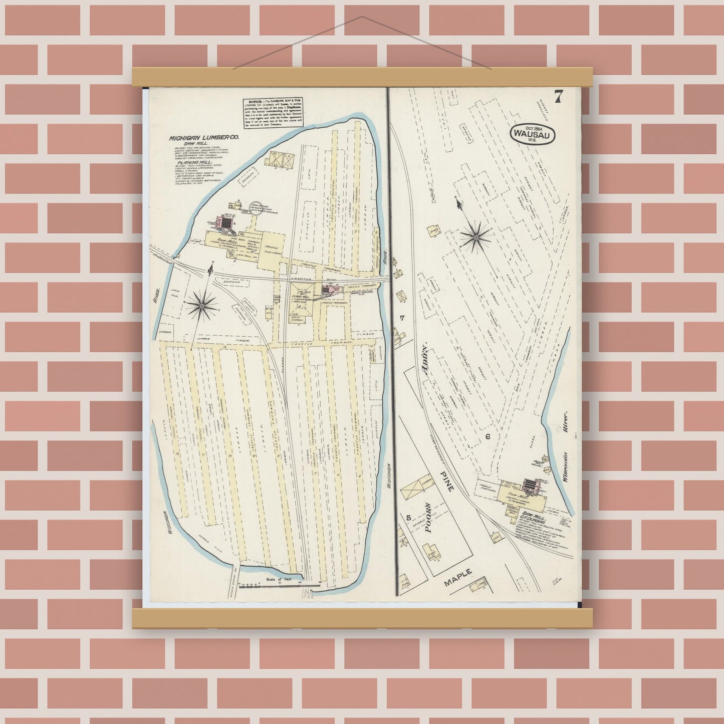 Old map wall art mockup — magnetic wood frame on brick wall — Sanborn Fire Insurance Map from Wausau, Marathon County, Wisconsin (1884), Sheet #0007