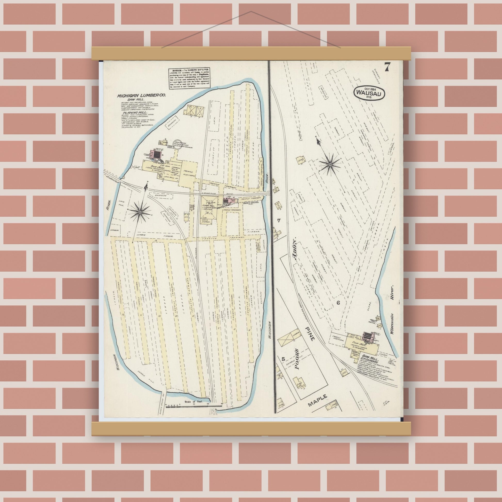 Old map wall art mockup — magnetic wood frame on brick wall — Sanborn Fire Insurance Map from Wausau, Marathon County, Wisconsin (1884), Sheet #0007