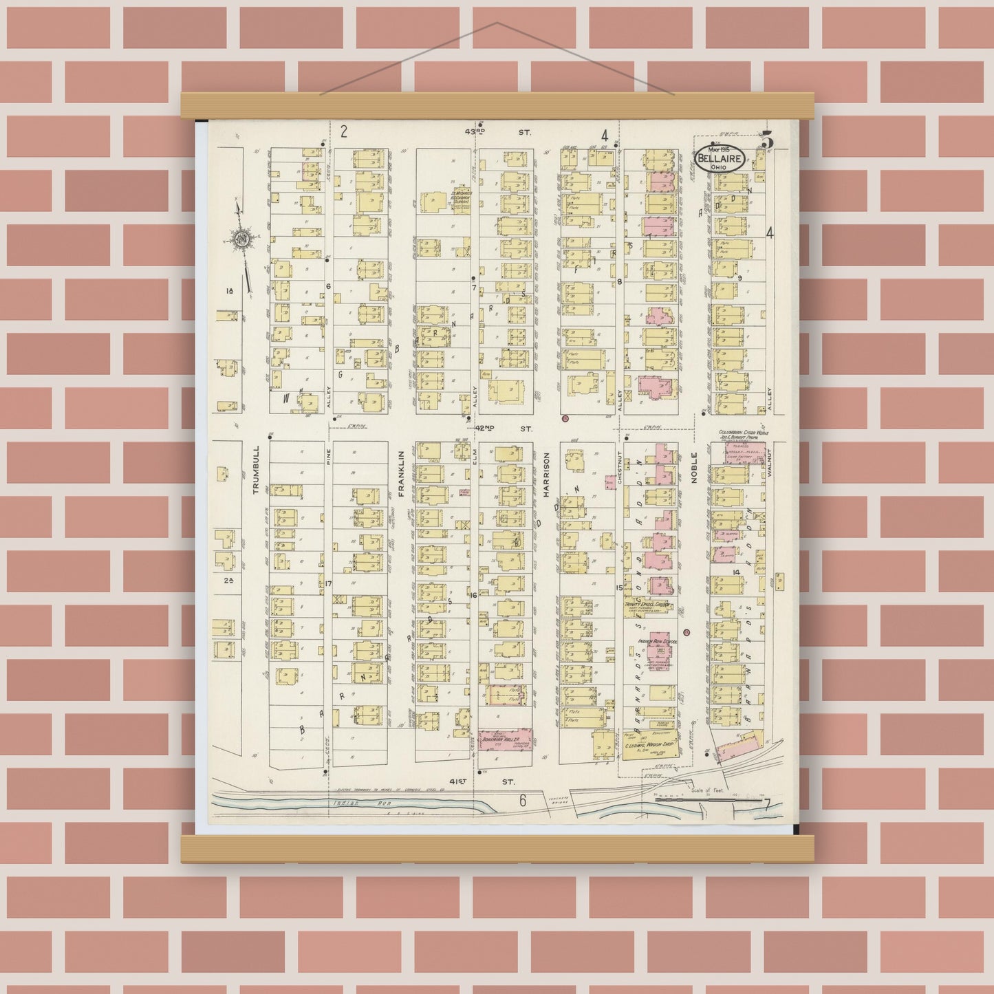 Old map wall art mockup — magnetic wood frame on brick wall — Sanborn Fire Insurance Map from Bellaire, Belmont County, Ohio (1915), Sheet #0005