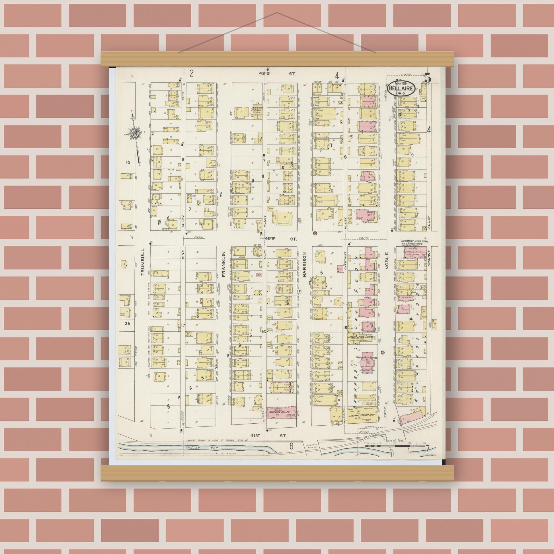 Old map wall art mockup — magnetic wood frame on brick wall — Sanborn Fire Insurance Map from Bellaire, Belmont County, Ohio (1915), Sheet #0005