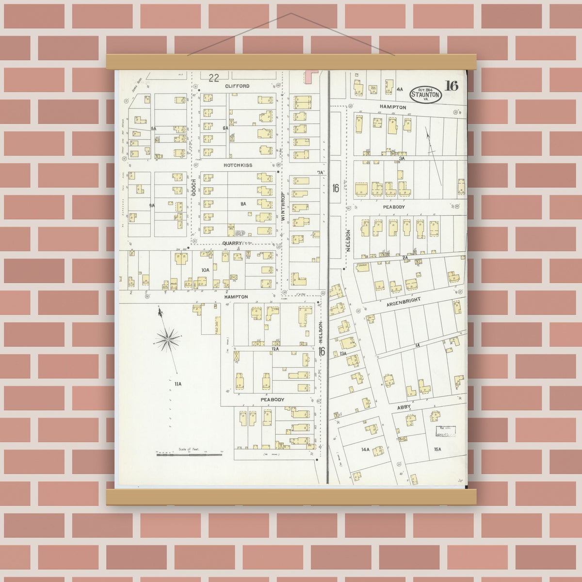 Old map wall art mockup — magnetic wood frame on brick wall — Sanborn Fire Insurance Map from Staunton, Independent Cities, Virginia (1904), Sheet #0016