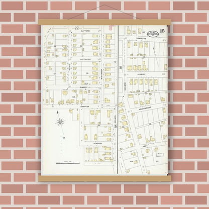Old map wall art mockup — magnetic wood frame on brick wall — Sanborn Fire Insurance Map from Staunton, Independent Cities, Virginia (1904), Sheet #0016